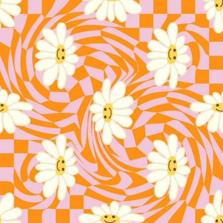 Retro Smile Chamomile Seamless Pattern on 1970 Wavy Swirl Seamless Pattern. Hippie Aesthetic. floral wallpaperのイラスト素材