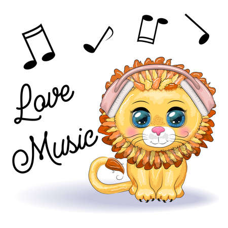Cute cartoon Lion with headphones, listens to music, note, treble clefのイラスト素材
