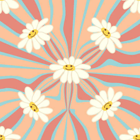 Retro Smile Chamomile Seamless Pattern on 1970 Wavy Swirl Seamless Pattern. Hippie Aesthetic. floral...