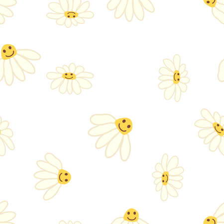 Groovy daisy retro seamless pattern. 70s vibe hippie ornament. floral wallpaperのイラスト素材