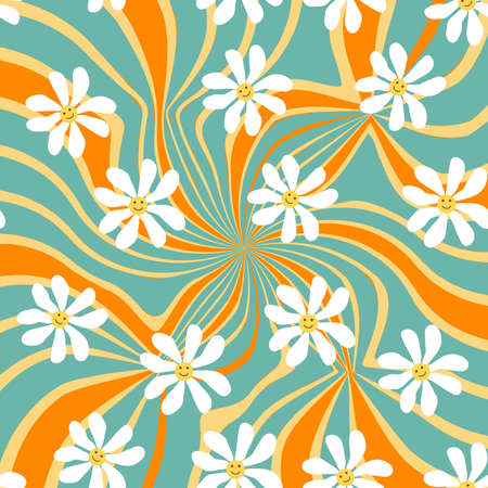 Groovy daisy retro seamless pattern. Retro Smile Chamomile Pattern on 1970 Wavy Swirl. Hippie...