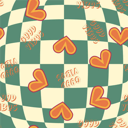 Love heart, daisies, waves of positivity retro 70s seamless pattern. Yellow, orange, red scattered heart shapes on a swirling background. Cool, groovy design in the style of the seventies.のイラスト素材