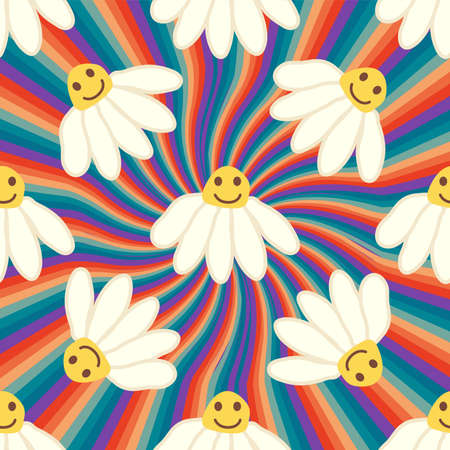 Retro Smile Chamomile Seamless Pattern on 1970 Wavy Swirl Seamless Pattern. Hippie Aesthetic. floral wallpaperのイラスト素材