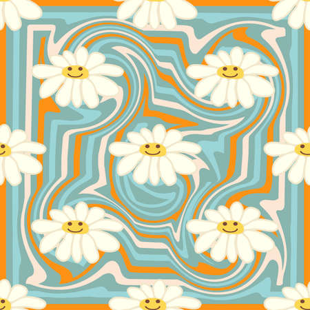 Retro Smile Chamomile Seamless Pattern on 1970 Wavy Swirl Seamless Pattern. Hippie Aesthetic. floral wallpaperのイラスト素材
