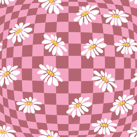 Retro Smile Chamomile Seamless Pattern on 1970 Wavy Swirl Pattern. Hippie Aestheticのイラスト素材