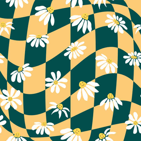 Retro Smile Chamomile Seamless Pattern on 1970 Wavy Swirl Pattern. Hippie Aestheticのイラスト素材