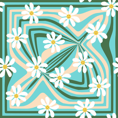 Groovy daisy retro seamless pattern. Retro Smile Chamomile Pattern on 1970 Wavy Swirl. Hippie Aesthetic.のイラスト素材