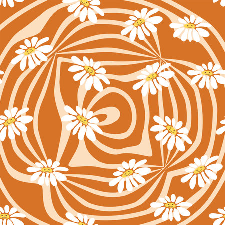 Groovy daisy retro seamless pattern. Retro Smile Chamomile Pattern on 1970 Wavy Swirl. Hippie Aesthetic.のイラスト素材