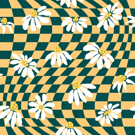 Retro Smile Chamomile Seamless Pattern on 1970 Wavy Swirl Pattern. Hippie Aestheticのイラスト素材