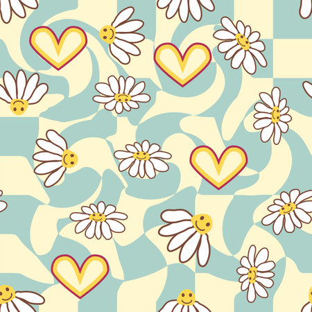 Retro Smile Chamomile Seamless Pattern on 1970 Wavy Swirl Pattern. Hippie Aestheticのイラスト素材