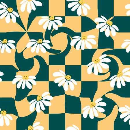 Retro Smile Chamomile Seamless Pattern on 1970 Wavy Swirl Pattern. Hippie Aestheticのイラスト素材
