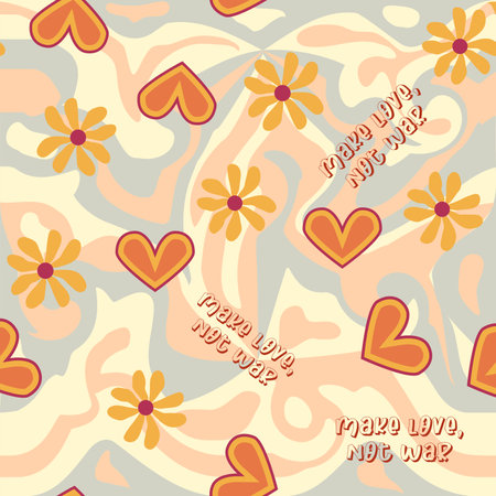 Love heart, daisies, waves of positivity retro 70s seamless pattern. Yellow, orange, red scattered heart shapes on a swirling background. Cool, groovy design in the style of the seventies.のイラスト素材