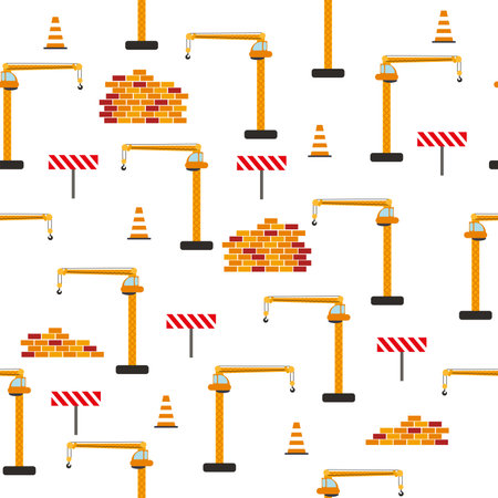 Cute childish seamless pattern with yellow car dump truck, crane, concrete mixer. Construction site illustration in cartoon style.のイラスト素材