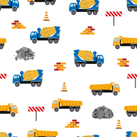 Cute childish seamless pattern with yellow car dump truck, crane, concrete mixer. Construction site illustration in cartoon style.のイラスト素材