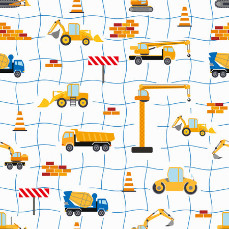 Cute childish seamless pattern with yellow car dump truck, crane, concrete mixer. Construction site illustration in cartoon style.のイラスト素材