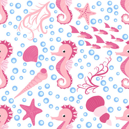 Seahorse and starfish seamless pattern. sea life summer background. cute sea life. Design for fabric and decor.のイラスト素材