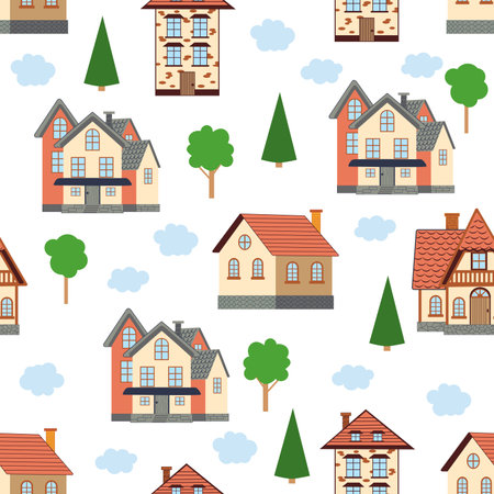 Seamless pattern of different colorful houses. Pattern seamless kids with home doodle coloring element. house pattern, cute colorful homes, funny children decorのイラスト素材