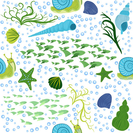 Snail, sea inhabitants seamless pattern, beautiful character among seashells, seaweed, starfish, sea animals of wildlife.のイラスト素材