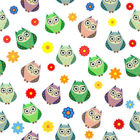 Cute multicolored owls and flowers in cartoon style, childish seamless pattern, newborn. Creative childish background for fabric, textile or wrapping paper.のイラスト素材