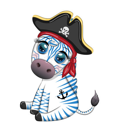 Cute zebra pirate in a tricorn hat with an eye patch. Pirates and treasures, islands and palm treeのイラスト素材