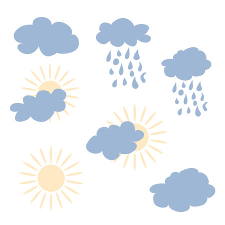 Cute Sun and Rainy Cloud, light clouds. Card for kids or poster for the childrens room. Cartoon.のイラスト素材
