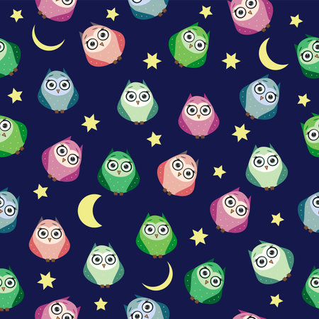Cute multicolored owls at night with stars, clouds and moon. Seamless pattern in cartoon style, childish seamless pattern, newborn. Creative childish background for fabric, textileのイラスト素材