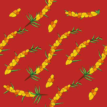 Sea buckthorn seamless pattern. Twigs with berries and leaves. Template with orange fresh berries for wallpaper, fabric, packaging.のイラスト素材