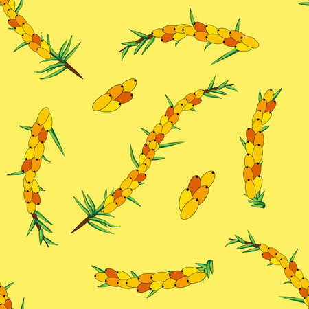 Sea buckthorn seamless pattern. Twigs with berries and leaves. Template with orange fresh berries for wallpaper, fabric, packaging.のイラスト素材