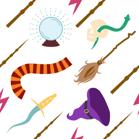 Witches school of magical objects seamless pattern in flat style. Broom, candle, skull, zipper, scarf, hat, potion, glasses knifeのイラスト素材