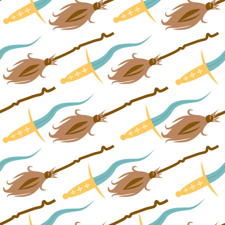 Witches school of magical objects seamless pattern in flat style. Broom, candle, skull, zipper, scarf, hat, potion, glasses knifeのイラスト素材