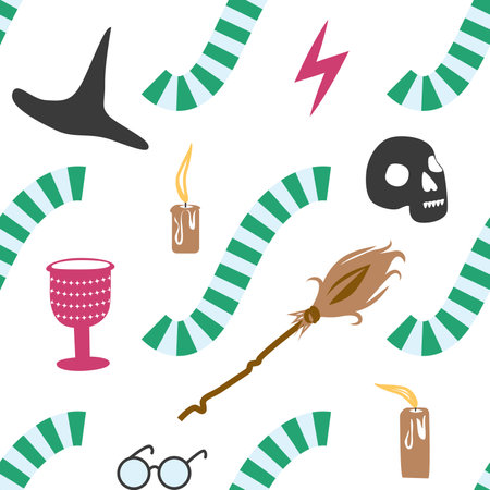 Witches school of magical objects seamless pattern in flat style. Broom, candle, skull, zipper, scarf, hat, potion, glasses knifeのイラスト素材