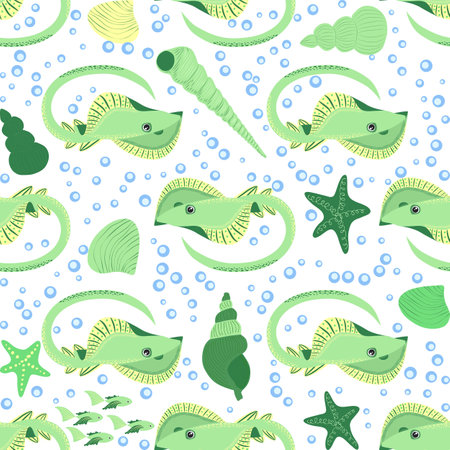 Stingray, Batomorphi sea life, fish, animals bright seamless pattern. sea travel, snorkeling with...