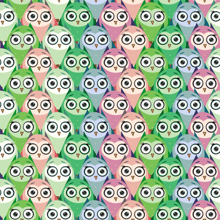 Cute multicolored owls and flowers in cartoon style, childish seamless pattern, newborn. Creative childish background for fabric, textile or wrapping paper.のイラスト素材