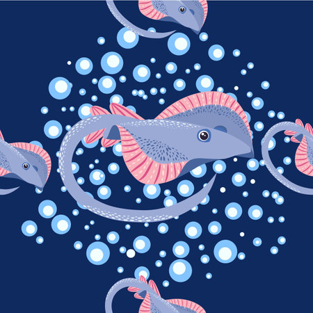 Stingray, Batomorphi sea life, fish, animals bright seamless pattern. sea travel, snorkeling with animals, tropical fishのイラスト素材