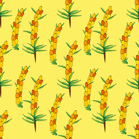 Sea buckthorn seamless pattern. Twigs with berries and leaves. Template with orange fresh berries for wallpaper, fabric, packaging.のイラスト素材