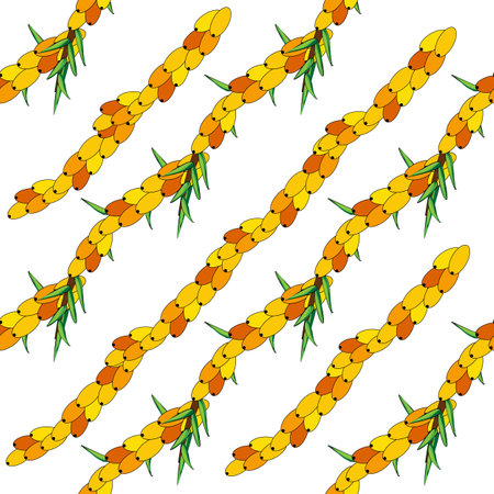 Sea buckthorn seamless pattern. Twigs with berries and leaves. Template with orange fresh berries for wallpaper, fabric, packaging.のイラスト素材