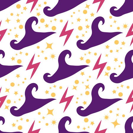Witches school of magical objects seamless pattern in flat style. Broom, candle, skull, zipper, scarf, hat, potion, glasses knifeのイラスト素材