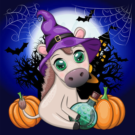 Cute donkey in purple witch hat, with broom, pumpkin, potion. Halloween card for the holidayのイラスト素材