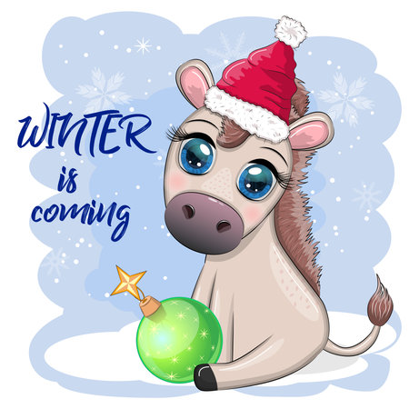 Cute donkey in santa hat with balloon, gift, candy kane, ice skating and winter sports. Postcard for Christmas and New Year.のイラスト素材