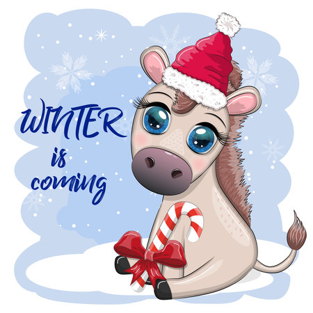 Cute donkey in santa hat with balloon, gift, candy kane, ice skating and winter sports. Postcard for Christmas and New Year.のイラスト素材
