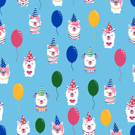 Seamless pattern with llama, alpaca faces. Birthday theme. Caps, balloons, inscription happy birthday.のイラスト素材