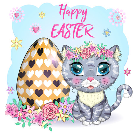 Cute cartoon cat near a beautiful easter egg. Happy Easter cardのイラスト素材