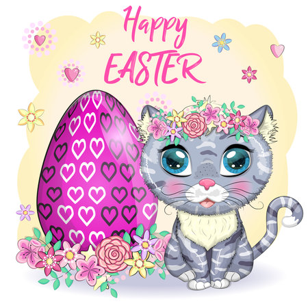 Cute cartoon cat near a beautiful easter egg. Happy Easter cardのイラスト素材
