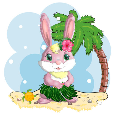 Cute rabbit, hare in Hawaiian clothes dancing hula. Wreath and garland of flowers, beach, vacation, vacation concept. Symbol of 2023のイラスト素材