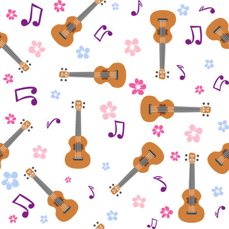 Ukulele seamless pattern, ukulele. Pattern with monstera, leaves, flowers notes inscriptionsのイラスト素材