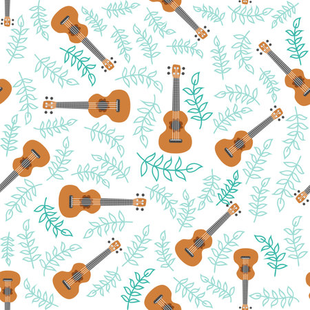 Ukulele seamless pattern, ukulele. Pattern with monstera, leaves, flowers notes inscriptionsのイラスト素材
