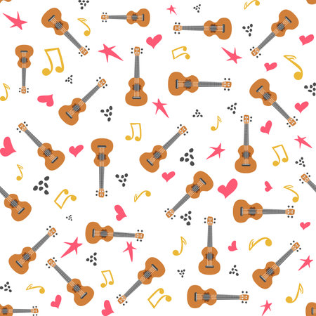 Ukulele seamless pattern, ukulele. Pattern with monstera, leaves, flowers notes inscriptionsのイラスト素材