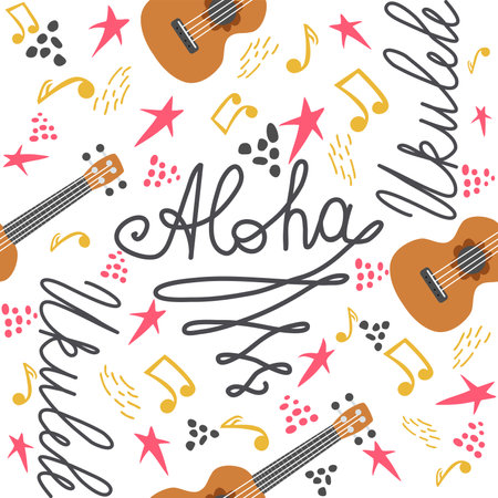 Ukulele seamless pattern, ukulele. Pattern with monstera, leaves, flowers notes inscriptionsのイラスト素材