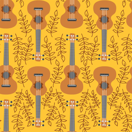 Ukulele seamless pattern, ukulele. Pattern with monstera, leaves, flowers notes inscriptionsのイラスト素材