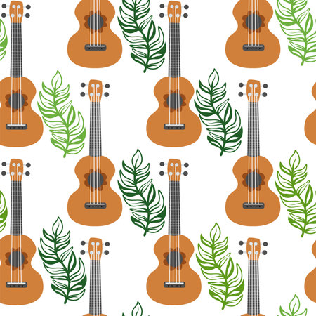 Ukulele seamless pattern, ukulele. Pattern with monstera, leaves, flowers notes inscriptionsのイラスト素材